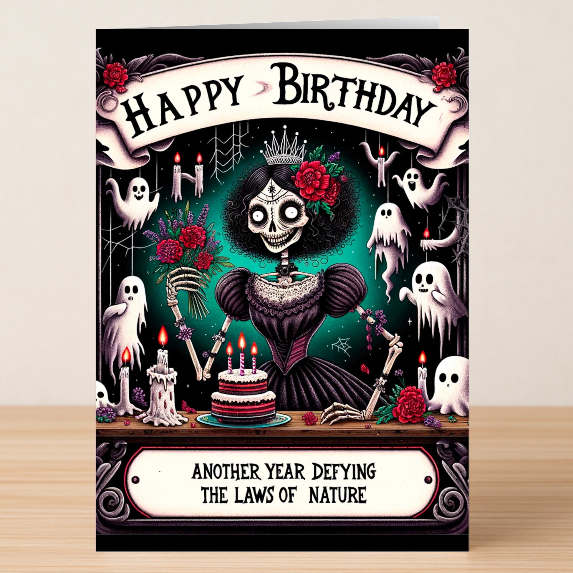 The Defying Nature Her Funny Birthday Card by Twisted Gifts features a crowned skeleton woman with candles, ghosts, flowers, and cake. Text: “Happy Birthday” and “Another year defying the laws of nature.” Perfect for a fun gothic birthday!.
