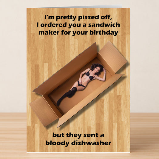 The Sandwich maker Funny Birthday Card by Twisted Gifts features a woman in lingerie posing in a cardboard box with a cheesy pun about getting a "dishwasher" instead of a "sandwich maker," displayed on a wooden surface.