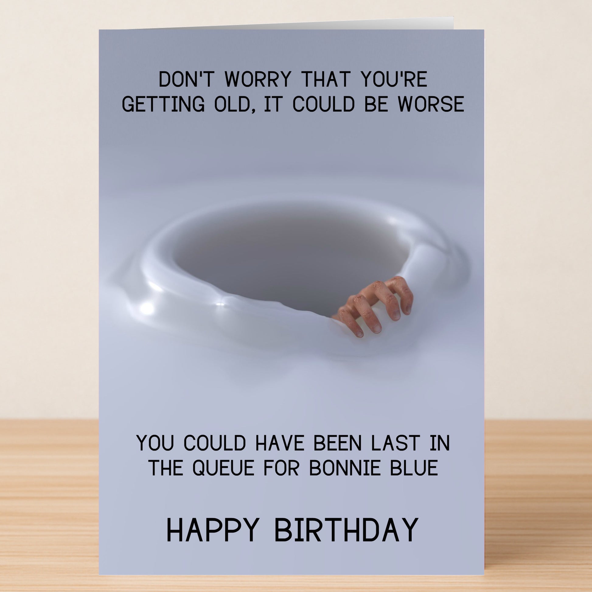 The "Bonnie, Rude Birthday Card" by Twisted Gifts features a hand popping from a hole with the message: "Don't worry that you're getting old, it could be worse. You could have been last in the queue for Bonnie Blue. Happy Birthday.