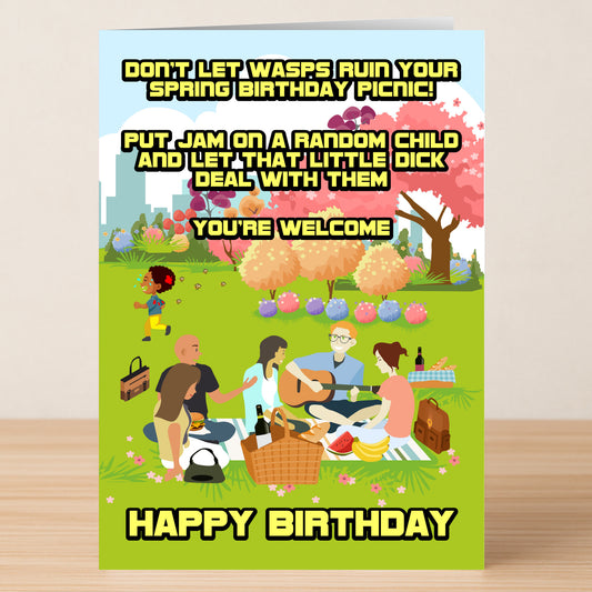 The Wasps Funny Birthday Card by Twisted Gifts features a group picnicking in the park with a funny tip to distract wasps by putting jam on a child. Send laughter and lighthearted birthday wishes for their special day!.