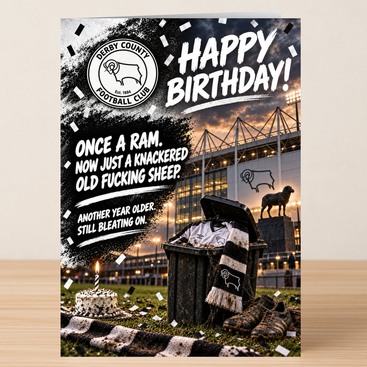 A Derby County – Funny Birthday Card featuring the team logo and a stadium background with text calling the recipient a knackered old sheep, referencing their age and constant bleating.