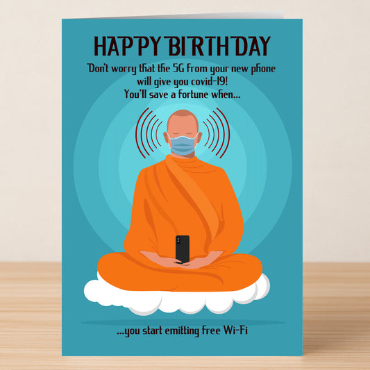 The Free Wifi Funny Birthday Card by Twisted Gifts shows a tech-savvy masked monk in orange robes on a cloud with a phone, featuring witty text about 5G, COVID-19, and free WiFi for a humorous birthday touch.