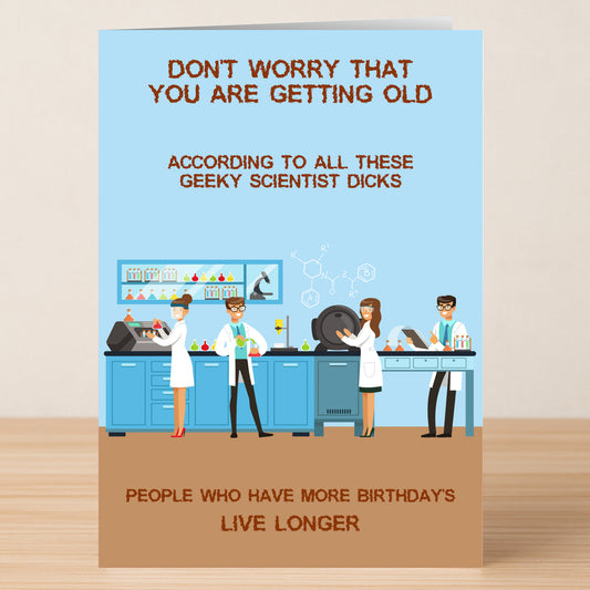 The Live Longer Funny Birthday Card by Twisted Gifts features cartoon scientists in a lab with witty text about aging, making it the perfect humorous birthday card.