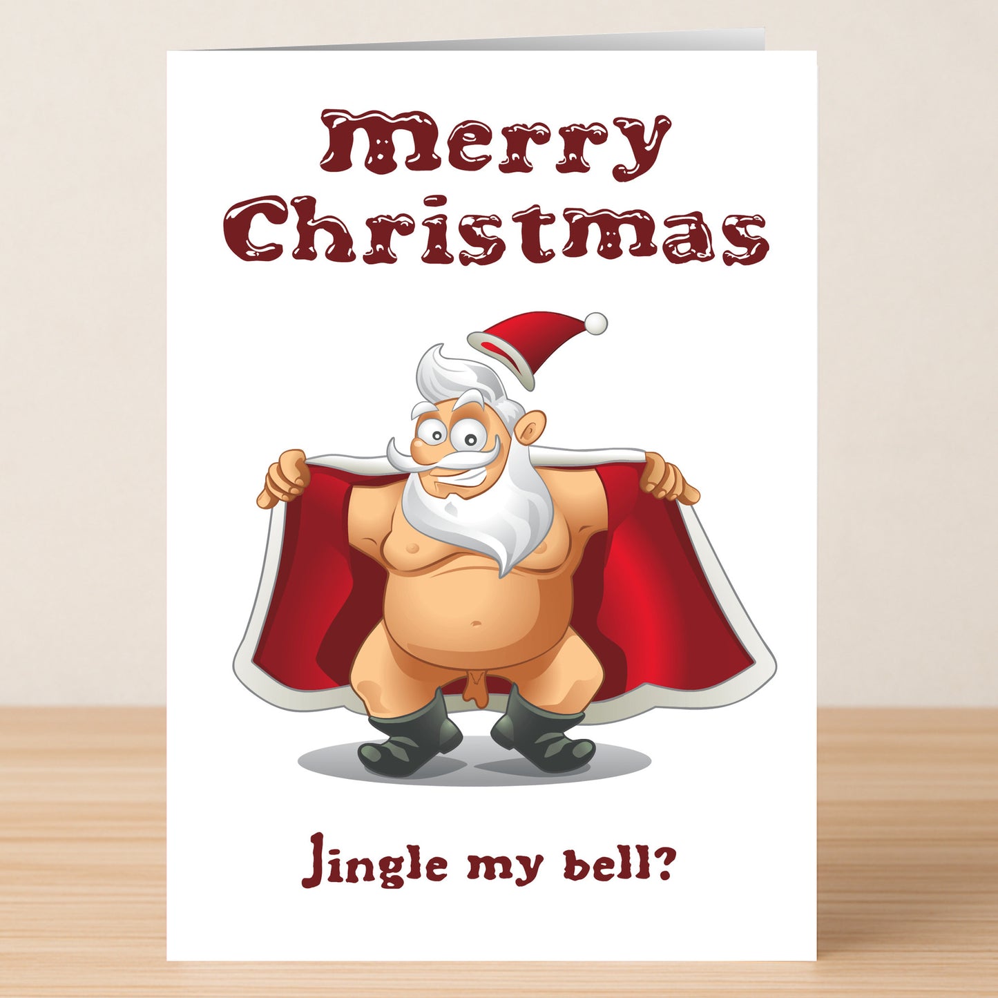 The Jingle My Bell Rude Christmas Card by Twisted Gifts features a smiling, shirtless Santa opening his red coat with "Merry Christmas" above and "Jingle my bell?" below, printed on a luxurious matte card.