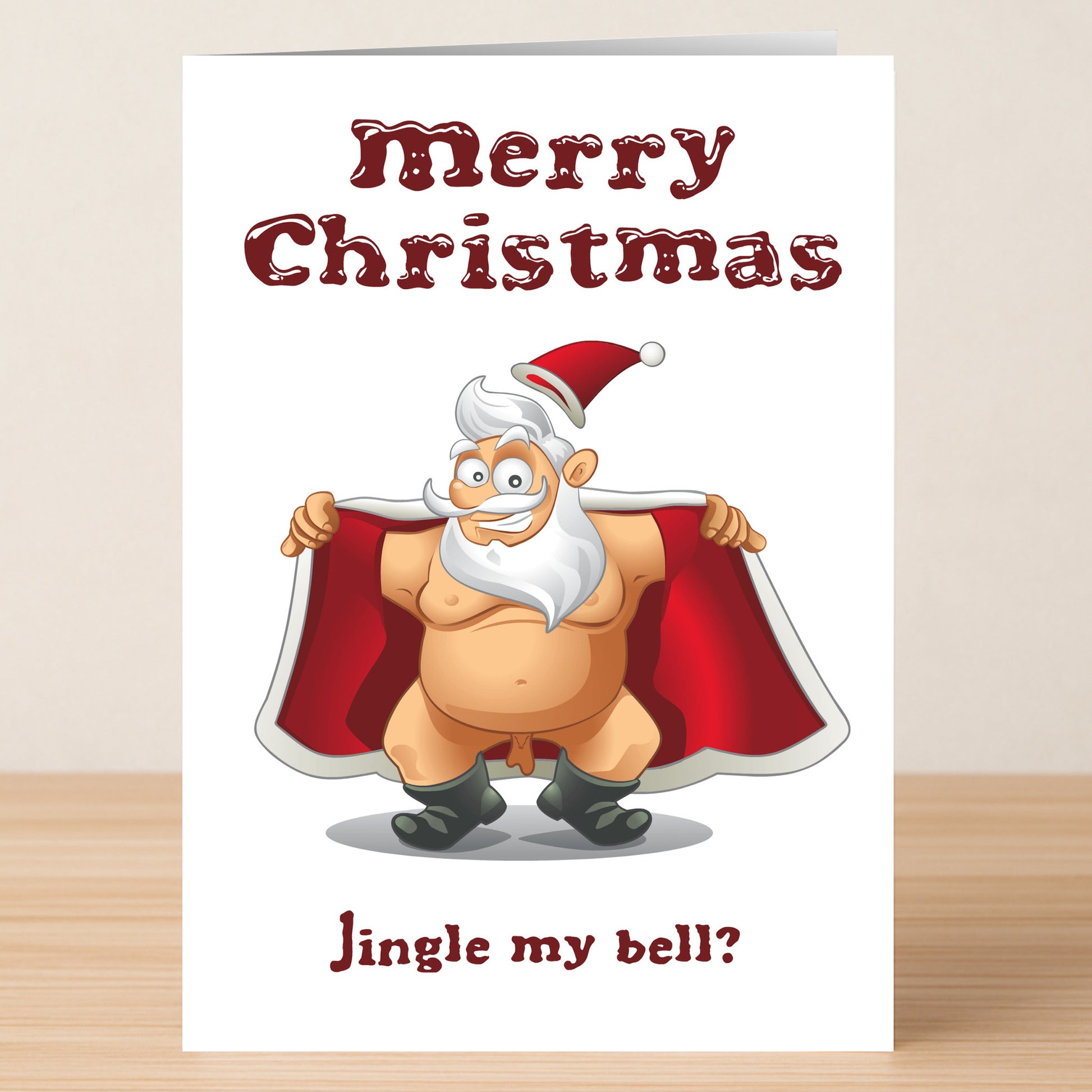 The Jingle My Bell Rude Christmas Card by Twisted Gifts features a smiling, shirtless Santa opening his red coat with "Merry Christmas" above and "Jingle my bell?" below, printed on a luxurious matte card.