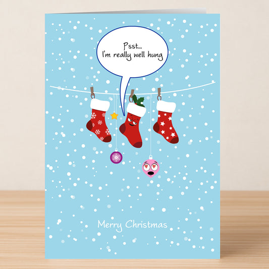 The Well Hung Rude Christmas Card by Twisted Gifts features three stockings and two ornaments on a line, with one stocking whispering, "Psst... I'm really well hung," against a snowflake backdrop—a fun and cheeky holiday card.