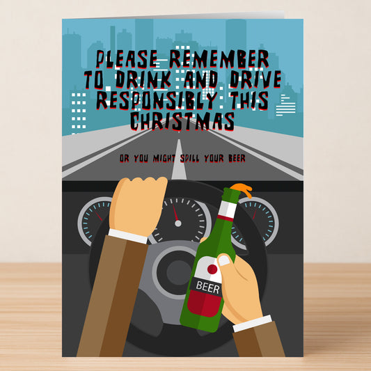 The Responsibly Funny Christmas Card by Twisted Gifts features witty humor with a playful message about responsible drinking, showing someone driving with a beer bottle and joking about spilling beer instead of spreading holiday cheer.