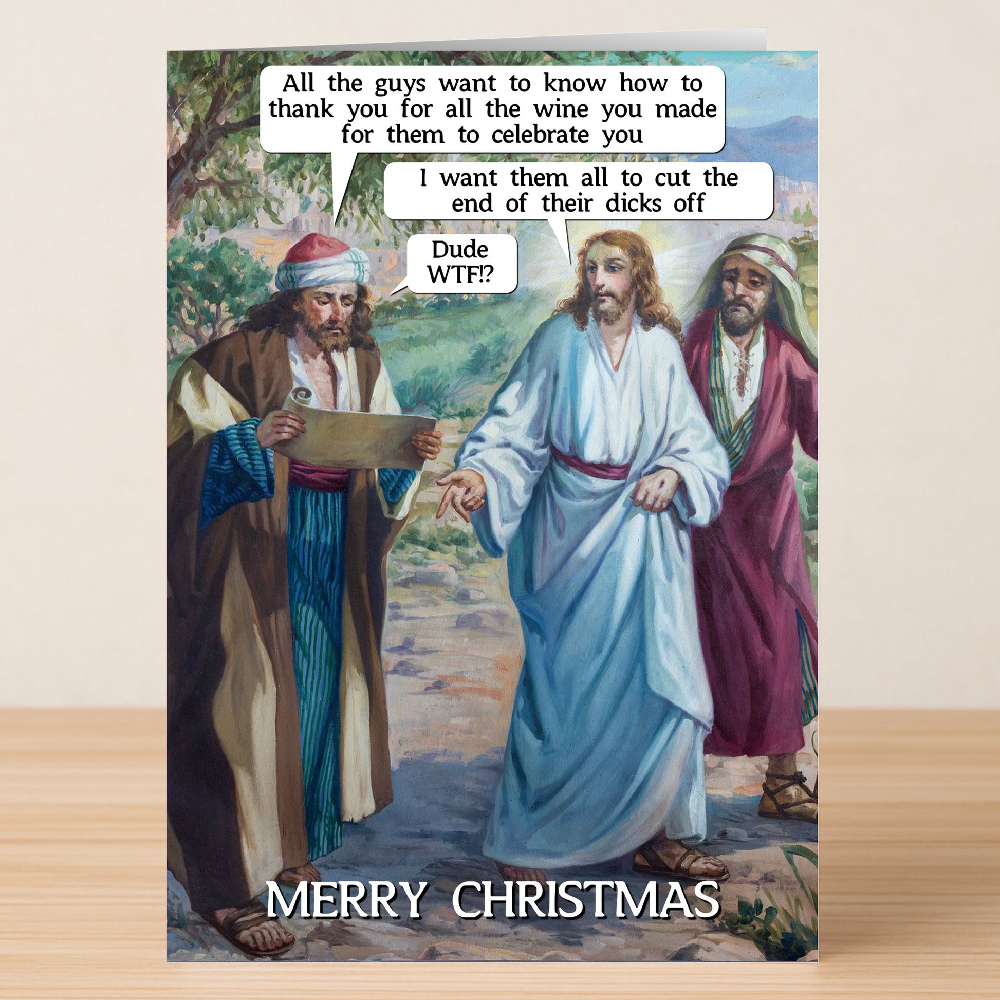 Three men in robes, one with a scroll, share witty dialogue in comic bubbles. Text below: "Merry Christmas." The Cut End Off Funny Christmas Card by Twisted Gifts adds humor to your holiday greetings with its unique design.