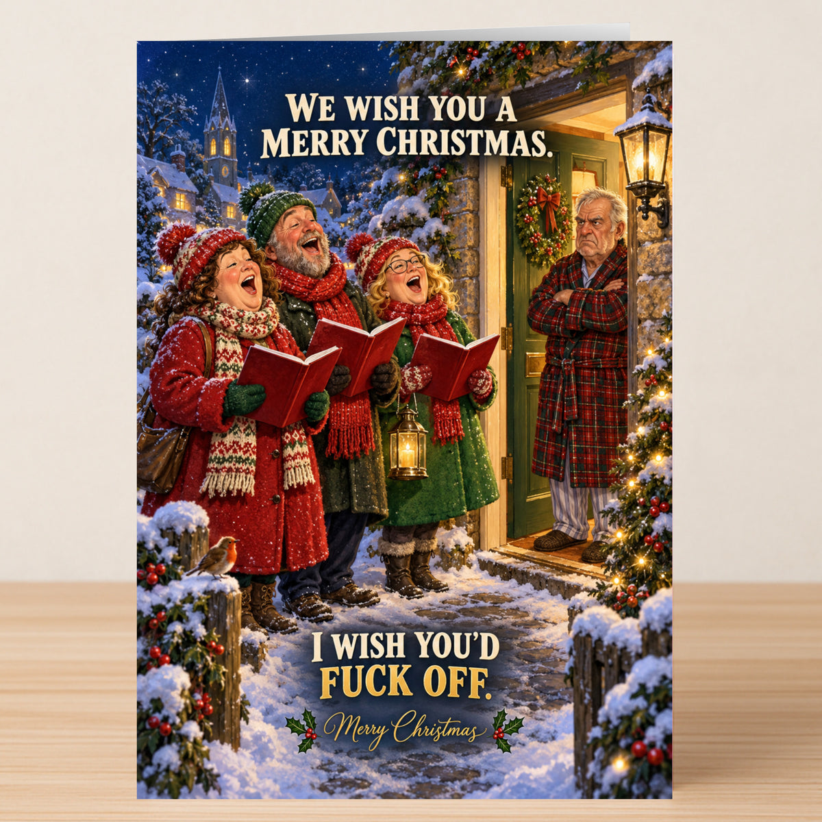 A Carol Singers - Funny Christmas Card by Twisted Gifts shows three carolers on a snowy porch while a grumpy man in a bathrobe listens from the doorway, with the text, “We wish you a merry Christmas. I wish you’d fuck off.”
