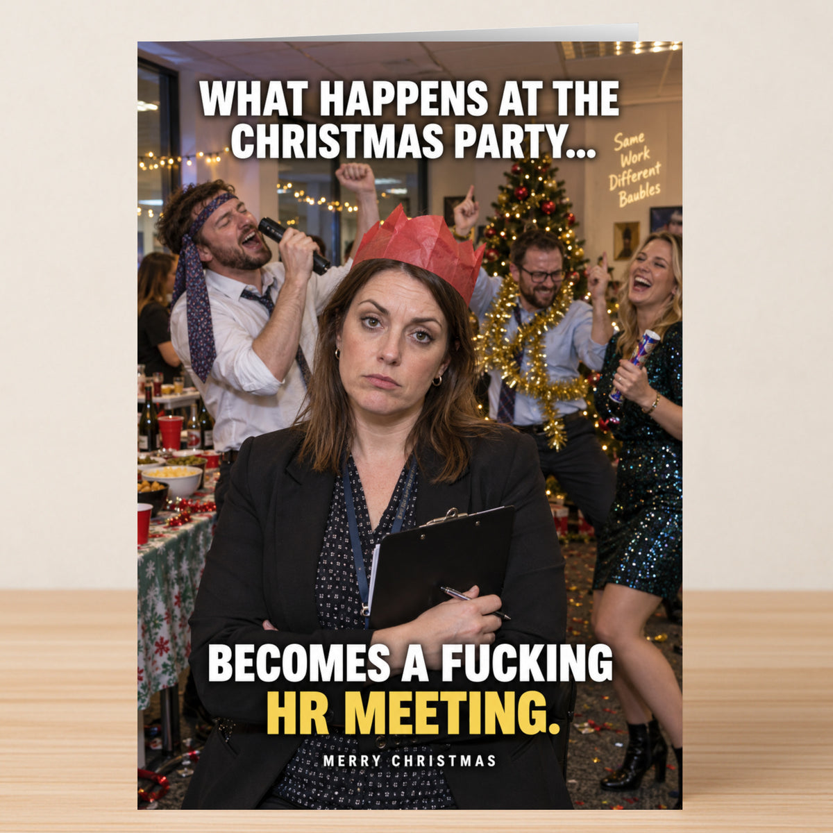 Twisted Gifts’ HR Meeting - Funny Christmas Card shows a woman with a bored expression wearing a paper party hat in front of dancing coworkers, with the text: “What happens at the Christmas party... becomes an HR meeting.”
