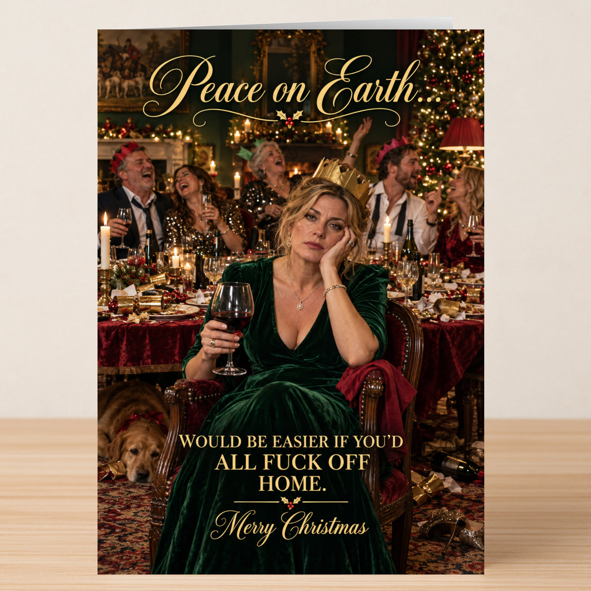 A woman in a crown and green dress sits at a festive dinner table looking unimpressed on this Peace On Earth - Funny Christmas Card, which reads: “Peace on Earth... WOULD BE EASIER IF YOU’D ALL FUCK OFF HOME.”