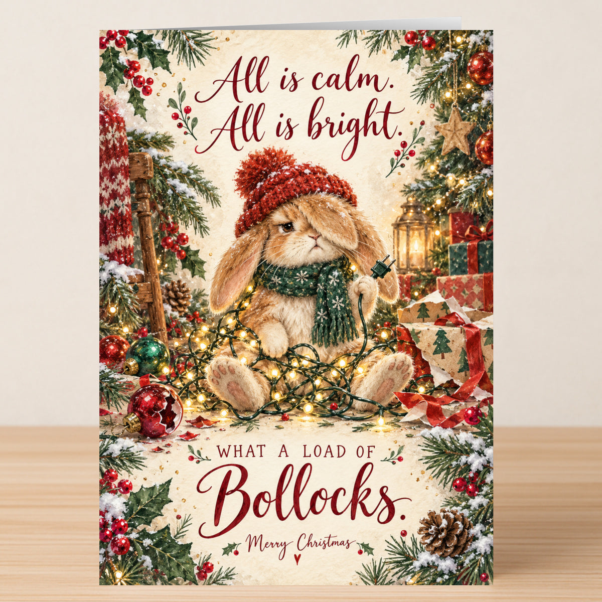 An All Is Calm - Funny Christmas Card featuring a rabbit tangled in string lights with the text “All is calm. All is bright. WHAT A LOAD OF Bollocks. Merry Christmas.”