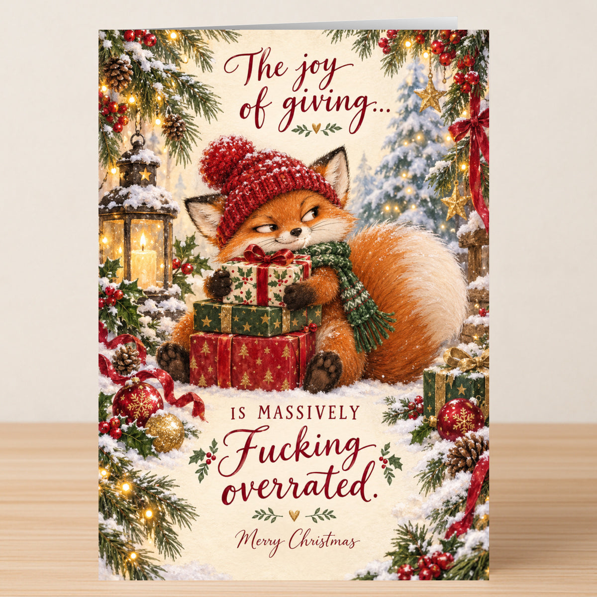 A fox in a red knit hat and green scarf holds gifts on the Massively Overrated - Funny Christmas Card, which reads, “The joy of giving... is massively fucking overrated. Merry Christmas.”