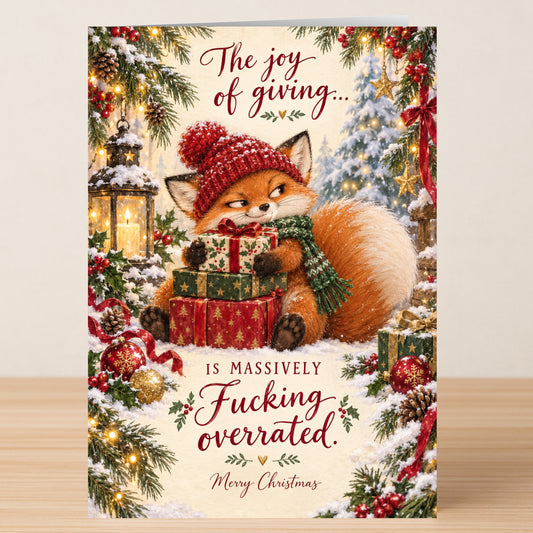 A fox in a red knit hat and green scarf holds gifts on the Massively Overrated - Funny Christmas Card, which reads, “The joy of giving... is massively fucking overrated. Merry Christmas.”