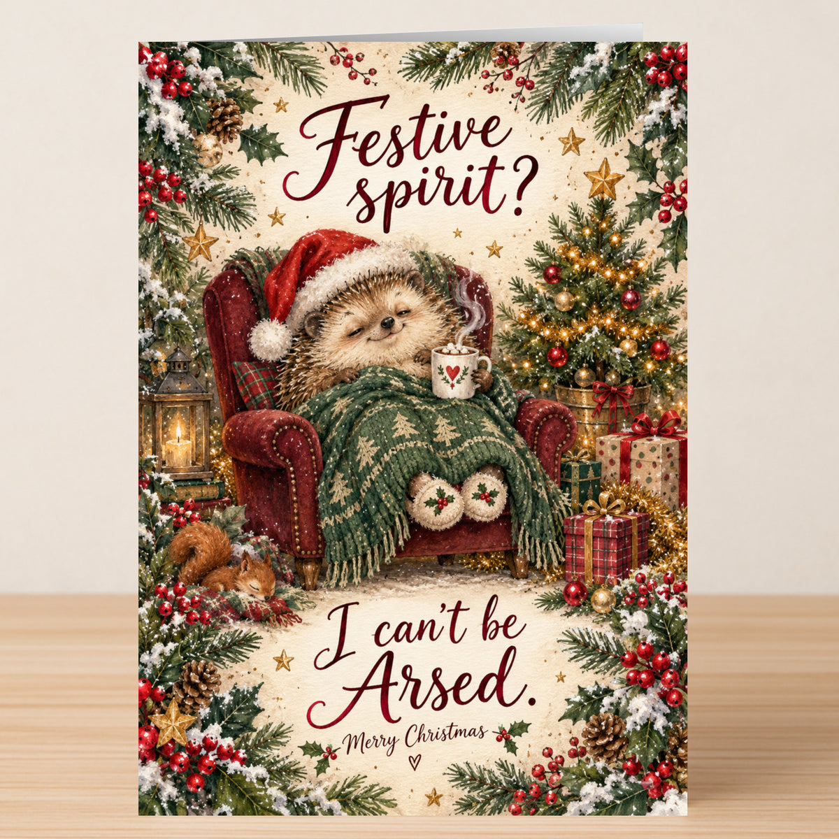 A Festive Spirit - Funny Christmas Card by Twisted Gifts featuring a sarcastic hedgehog in a Santa hat, relaxing in an armchair with a mug and blanket under the caption: “Festive spirit? I can’t be Arsed.”