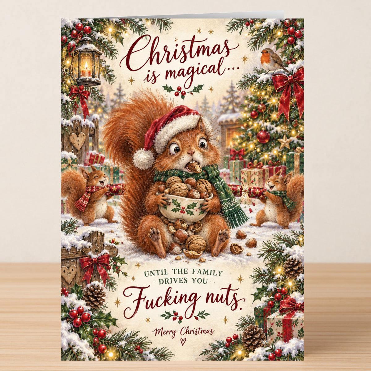A Magical - Funny Christmas Card shows a squirrel in a Santa hat eating nuts while surrounded by friends in the snow, with text reading, “Christmas is magical... until the family drives you fucking nuts.”