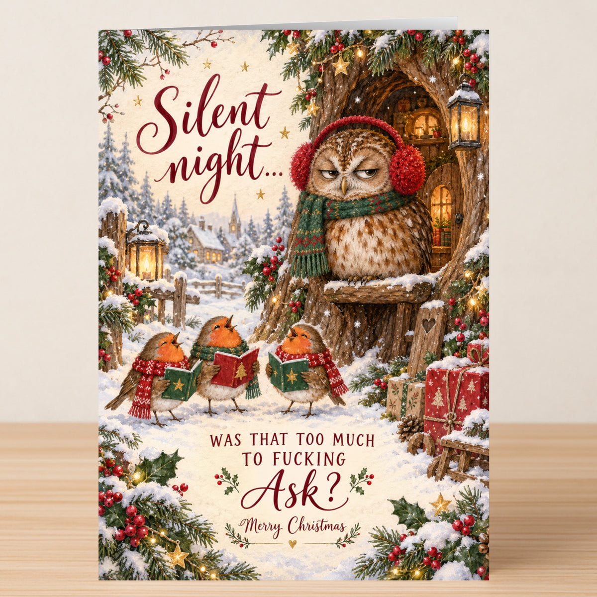 Twisted Gifts Silent Night - Funny Christmas Card featuring three robins singing to an annoyed owl in a tree, with the text “Silent night... WAS THAT TOO MUCH TO FUCKING ASK? Merry Christmas.”
