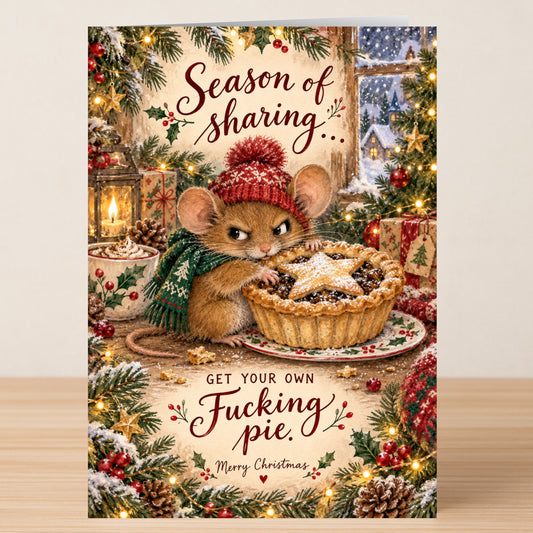 A grumpy mouse in a winter hat and scarf holds a pie on the Season Of Sharing - Funny Christmas Card, which says: “Season of sharing... GET YOUR OWN Fucking pie. Merry Christmas.”