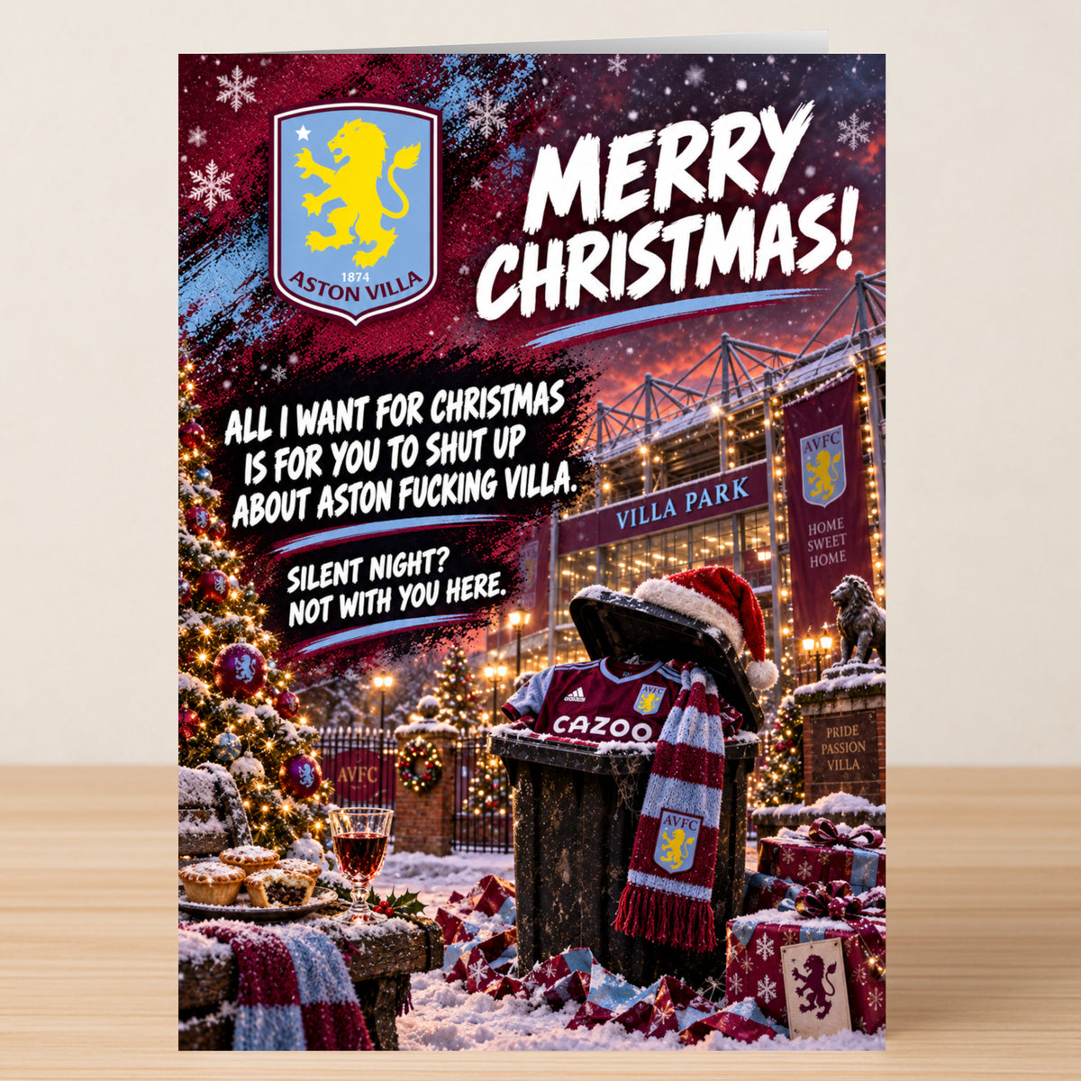 Aston Villa – Funny Christmas Card featuring the club crest and a decorated bin with a team shirt and scarf, captioned: “Merry Christmas! All I want for Christmas is for you to shut up about Aston Villa.”