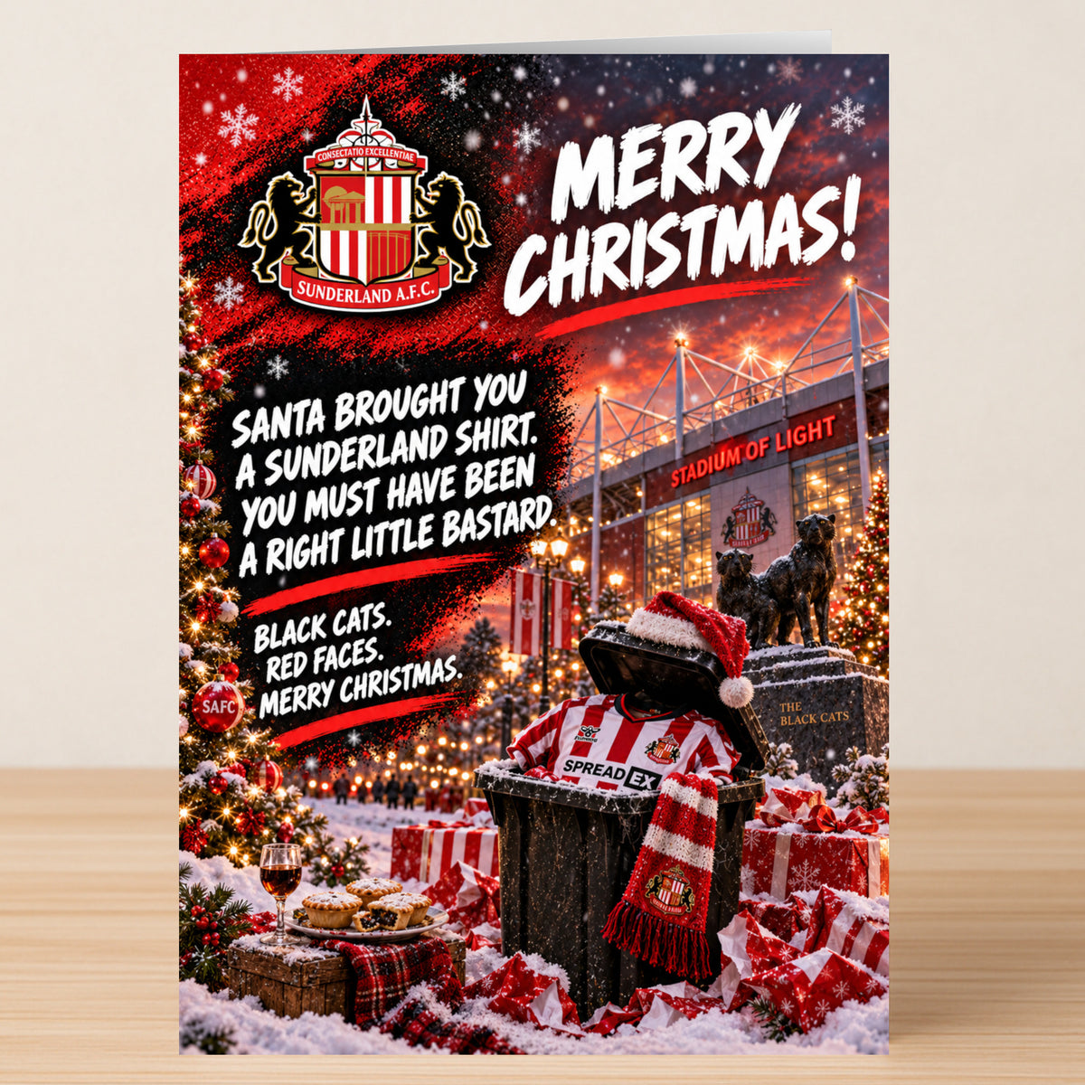 Sunderland AFC – Funny Christmas card featuring a Sunderland shirt in a bin, the Stadium of Light, and text calling the recipient a “right little bastard” for receiving the shirt from Santa.