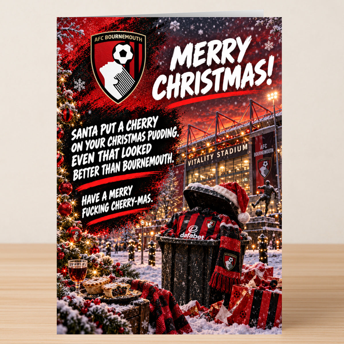 An AFC Bournemouth – Funny Christmas Card featuring a football club crest, a snowy stadium, and text mocking Bournemouth as less appealing than a cherry on a Christmas pudding.
