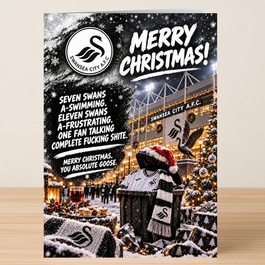 A festive Swansea City A.F.C. – Funny Christmas Card by Twisted Gifts showing the snow-covered stadium with a scarf and a poem.
