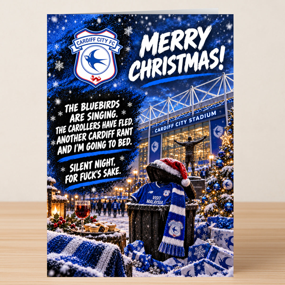 Cardiff City – Funny Christmas card featuring the club logo, a stadium, and text that reads: “Merry Christmas! The bluebirds are singing. Silent night, for fuck’s sake.”