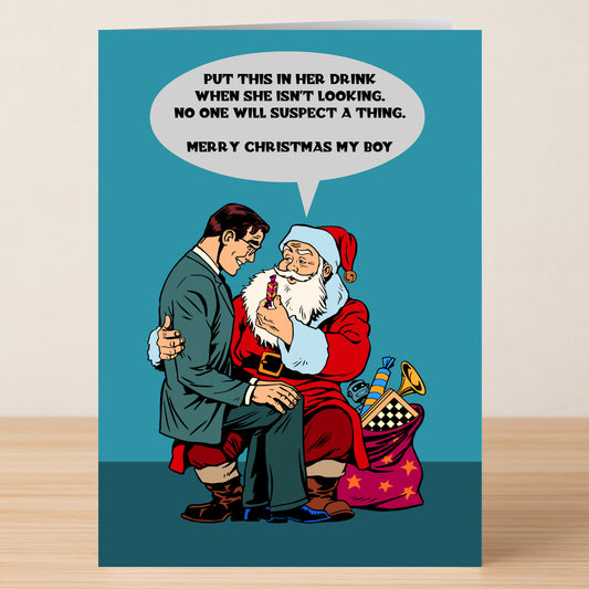 Give your holidays a mischievous twist with the Suspect Rude Christmas Card from Twisted Gifts—a card featuring a suited man on Santa’s lap receiving suspicious advice, perfect for anyone who appreciates edgy Christmas humor!.