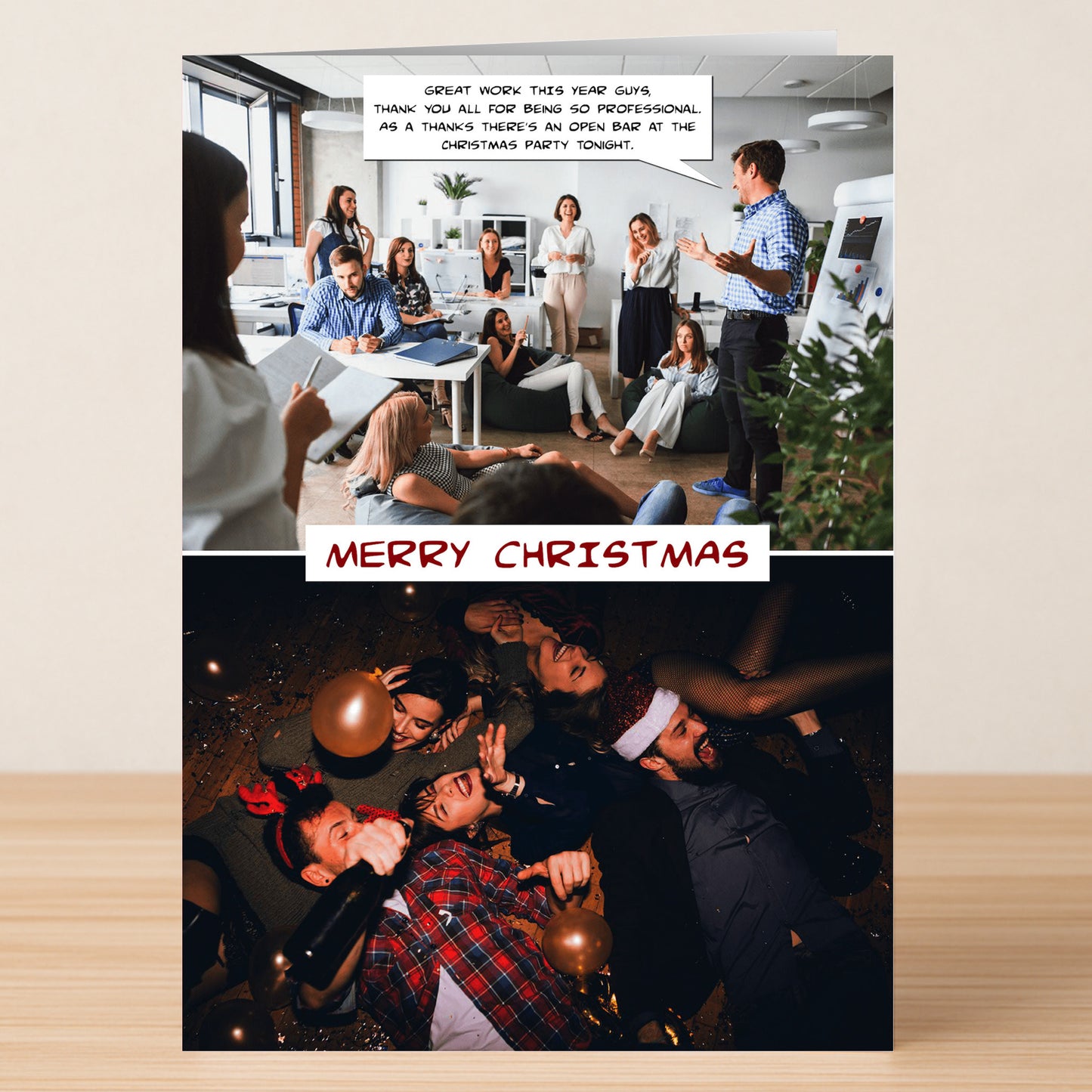 In the top image, office workers meet in a conference room; below, they celebrate with balloons and drinks. Text says "Merry Christmas." The Twisted Gifts Professional Funny Christmas Card captures holiday cheer at work and play.