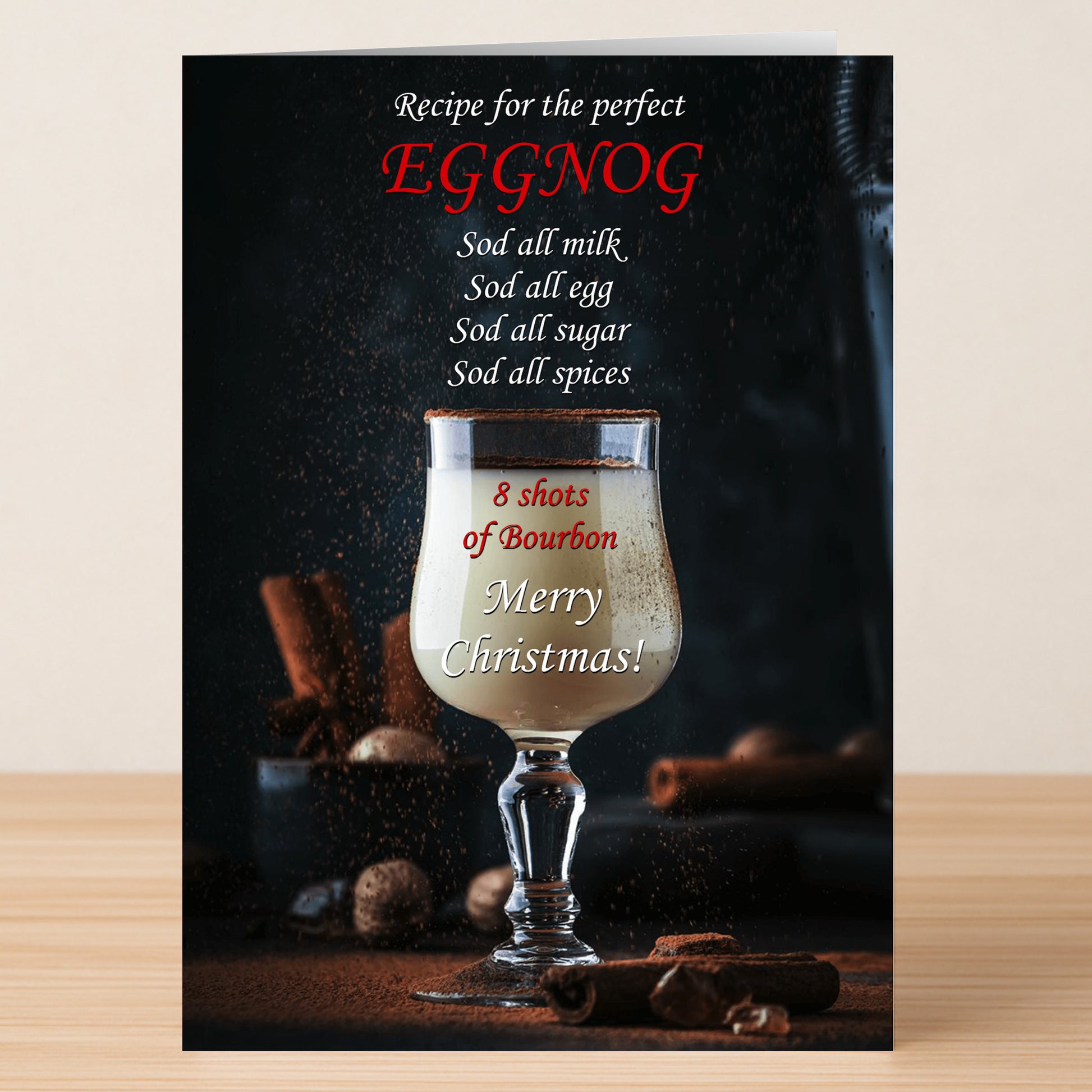 Enjoy the Twisted Gifts "Perfect Eggnog Funny Christmas Card" featuring a glass of eggnog with cinnamon, a hilarious recipe, and the message "Merry Christmas!"—the ideal card for humor and warm holiday cheer.