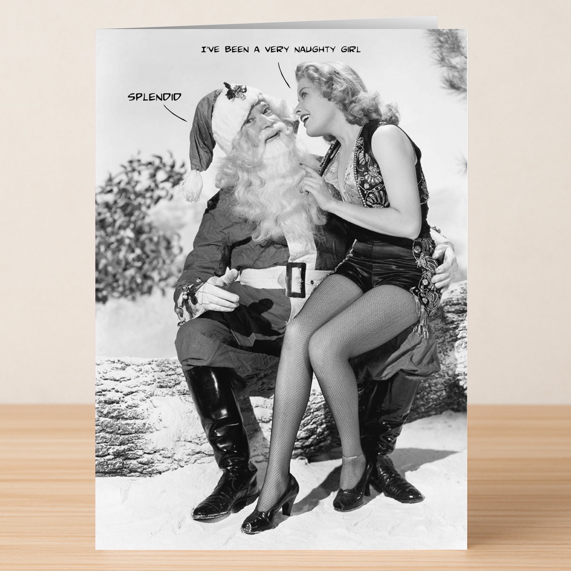 The Splendid Rude Christmas Card by Twisted Gifts features a woman in vintage attire on Santa's lap outdoors, smiling. Above, text reads "I've been a very naughty girl." Santa replies, "Splendid." A witty card for holiday laughs!.