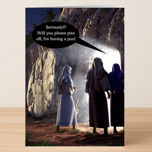 Three robed figures stand outside a cave, while one inside jokes about privacy in a speech bubble. The "Having A Poo Rude Easter Card" by Twisted Gifts delivers Easter laughs with its funny, comic-style design.