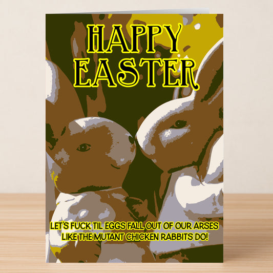 The Chicken Rabbits Rude Easter Card by Twisted Gifts features cartoon rabbits, eggs, "HAPPY EASTER," and a cheeky message—perfect for anyone who loves rude Easter humor.
