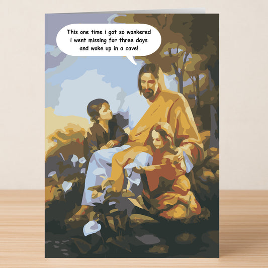 The In A Cave Funny Easter Card by Twisted Gifts shows Jesus with two kids, a speech bubble, and a witty message about going missing for three days and waking up in a cave.