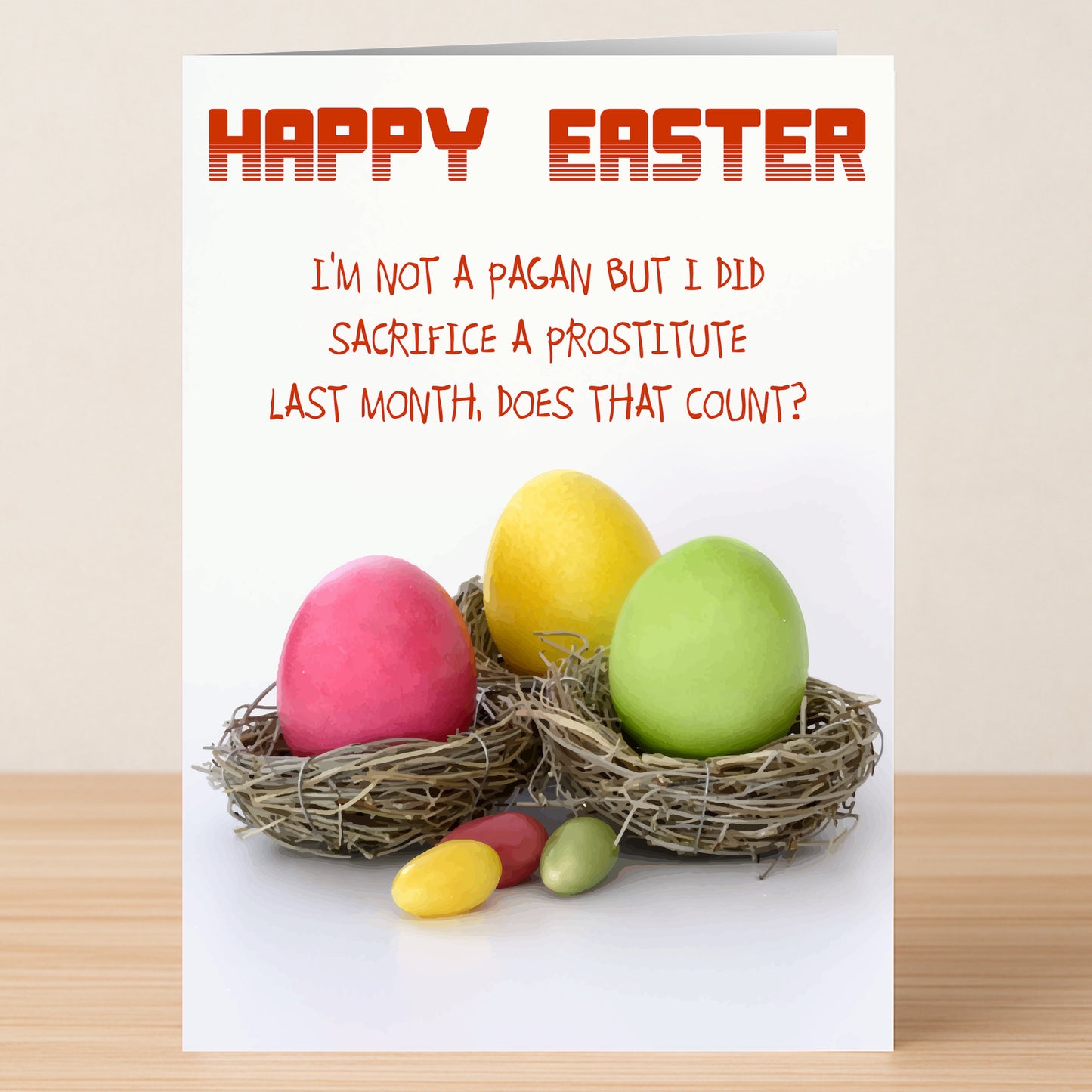 The Pagan Rude Easter Card by Twisted Gifts features three colorful eggs in nests with candy eggs, a witty and provocative Easter design—perfect for anyone who loves funny, pagan-inspired greetings.
