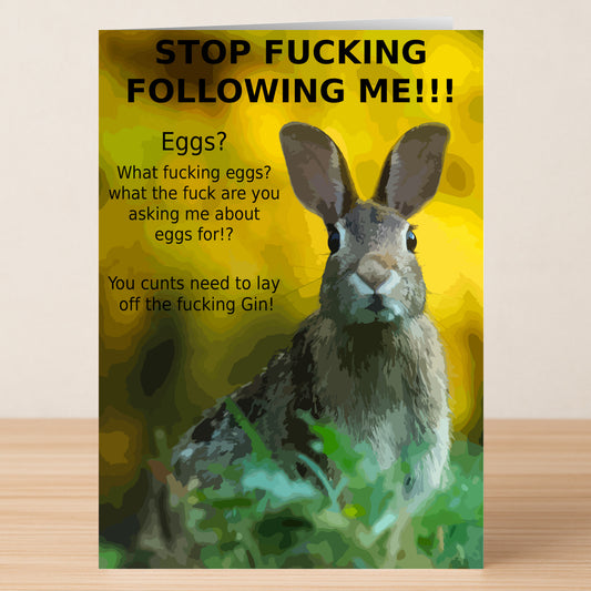 The "Stop Following Me Rude Easter Card" by Twisted Gifts features a rabbit in front with bold, profane text expressing the Easter Bunny’s annoyance at being followed and asked about eggs.