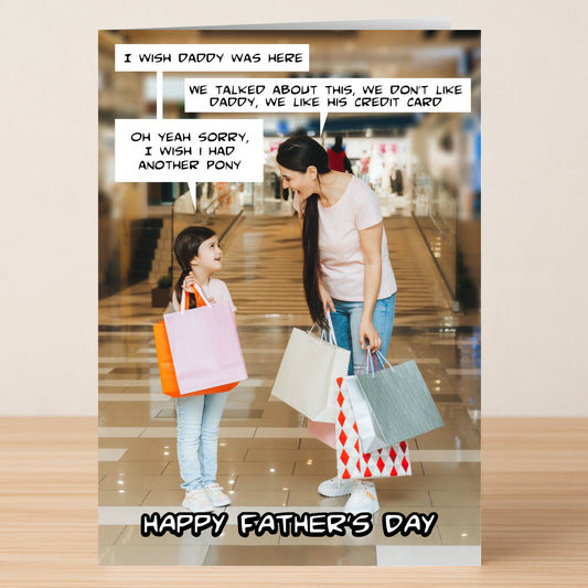 A woman and a young girl with shopping bags appear in a mall with comic-style dialogue above them on the Twisted Gifts "Another Pony Funny Father's Day Card," featuring "Happy Father's Day" text at the bottom.