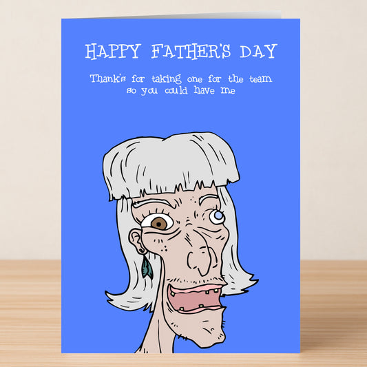 The One For The Team Insulting Father's Day Card by Twisted Gifts is a funny card featuring a cartoon and the text: "Happy Father's Day. Thanks for taking one for the team so you could have me." Perfect for dads with a sense of humor!.