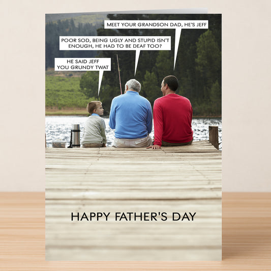 A child and two adults share dad jokes by a lakeside dock in speech bubbles. "Happy Father's Day" is written below. Jeff Funny Father's Day Card by Twisted Gifts—ideal for anyone who loves lakeside laughs and quirky humor.