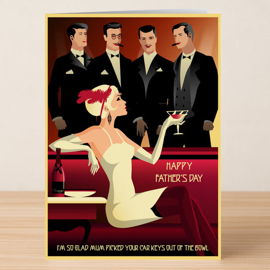 A woman in white sits with a drink on a red couch before four suited men. The Twisted Gifts Car Keys Rude Father's Day Card features a “Happy Father’s Day” message and a funny joke about car keys and a bowl.