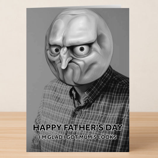 Twisted Gifts' "Mum's Looks Rude Father's Day Card" features a plaid-shirted, cartoon dad and the text: "HAPPY FATHER'S DAY. I'M GLAD I GOT MUM'S LOOKS." A funny card perfect for dads with a quirky sense of humor.