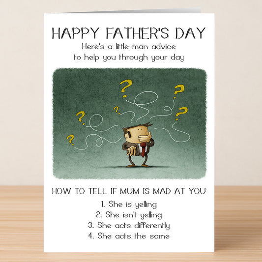 Twisted Gifts Man Advice Funny Father's Day Card features a confused cartoon man with question marks and is filled with dad jokes plus hilarious tips on recognizing when mum is mad—perfect for Father’s Day!.