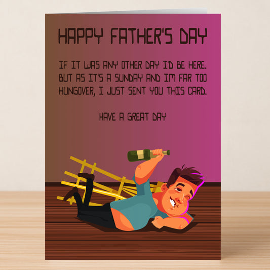 The Hungover Funny Father's Day Card by Twisted Gifts features a cartoon man with a bottle, wishing the greatest dad a Happy Father’s Day—because even the best drinking buddy deserves a day off!.