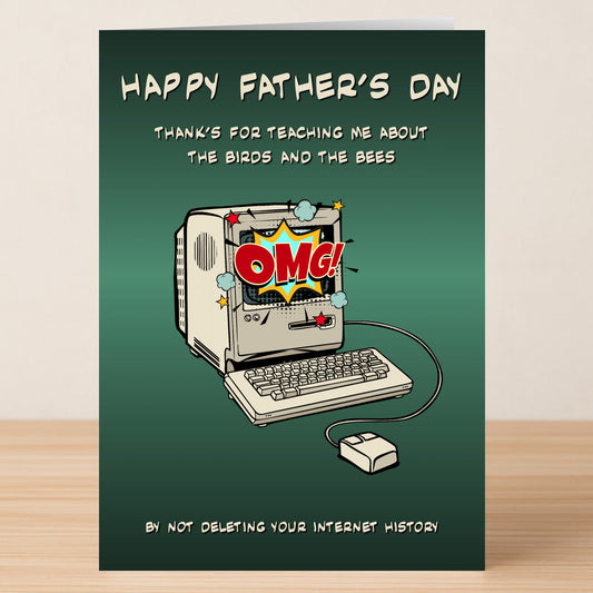 The Birds And Bees Funny Father's Day Card by Twisted Gifts features a cartoon old computer exclaiming "OMG!"—a humorous way to thank dad for his memorable birds and bees talk and classic internet history.