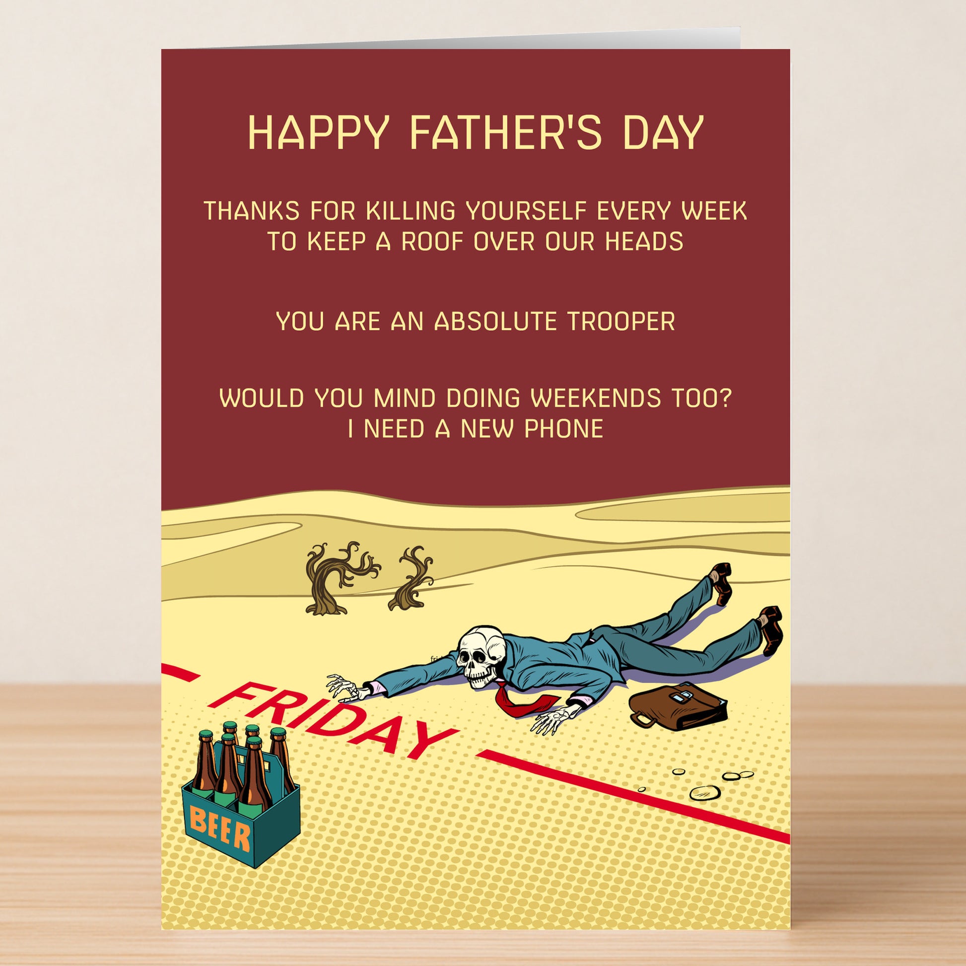 The Weekends Funny Father's Day Card by Twisted Gifts shows a cartoon man and beer pack with witty text about work exhaustion and wanting a new phone—making it the perfect funny greeting card for dad or those seeking unique Dad Gifts.