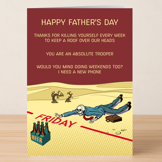 The Weekends Funny Father's Day Card by Twisted Gifts shows a cartoon man and beer pack with witty text about work exhaustion and wanting a new phone—making it the perfect funny greeting card for dad or those seeking unique Dad Gifts.