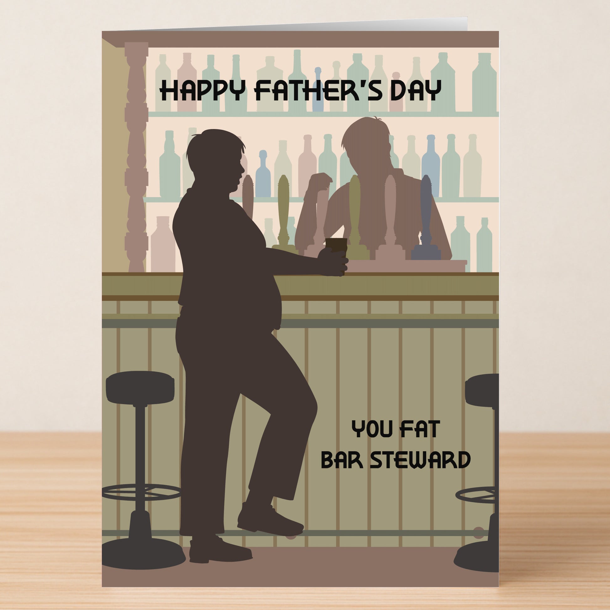 The Bar Steward Rude Father's Day Card by Twisted Gifts features a man at a bar with the message "HAPPY FATHER'S DAY" and "YOU FAT BAR STEWARD." Ideal for dads who enjoy cheeky humor and a bit of rude fun.