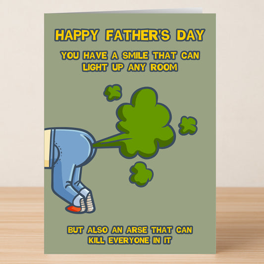 The Light Up The Room Funny Father's Day Card by Twisted Gifts features cartoon buttocks, green gas, and the message: "Happy Father’s Day. You have a smile that can light up any room but an arse that can kill everyone in it.