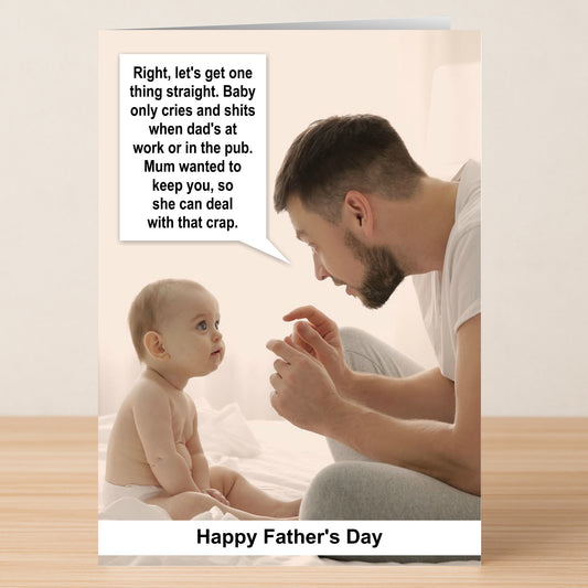 A man crouches before a baby on a bed with a witty parenting speech bubble—Twisted Gifts' "One Thing Straight" Funny Father's Day Card, perfect for dad humor and featuring "Happy Father's Day" below.