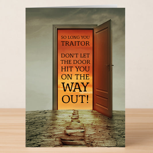 The Twisted Gifts Way Out Insulting Farewell Card features a sunset through an open door with the message: "SO LONG YOU TRAITOR, DON'T LET THE DOOR HIT YOU ON THE WAY OUT!"—ideal for a humorous, playful farewell.